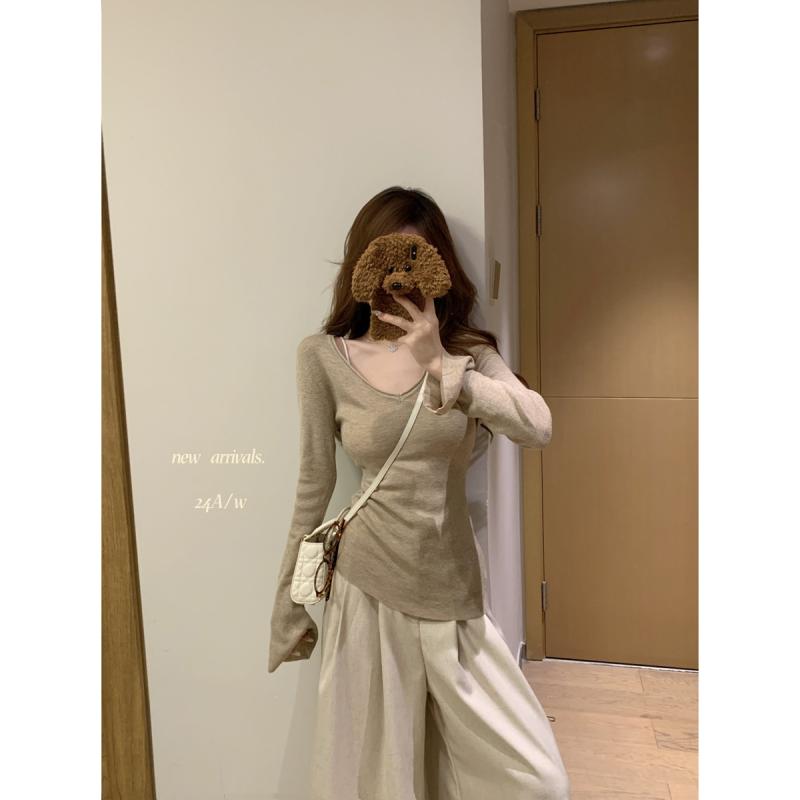 ・素材: ポリエステル 30-50%・厚み: 薄手・組み合わせ: 単品・款式: 基本・版型: スリム・袖型: 通常袖・襟型: Vネック・袖丈: 長袖・柄: 無地・着丈: 普通 50-65cm・加工: ノーアイロン・色: オートミール, ブル...