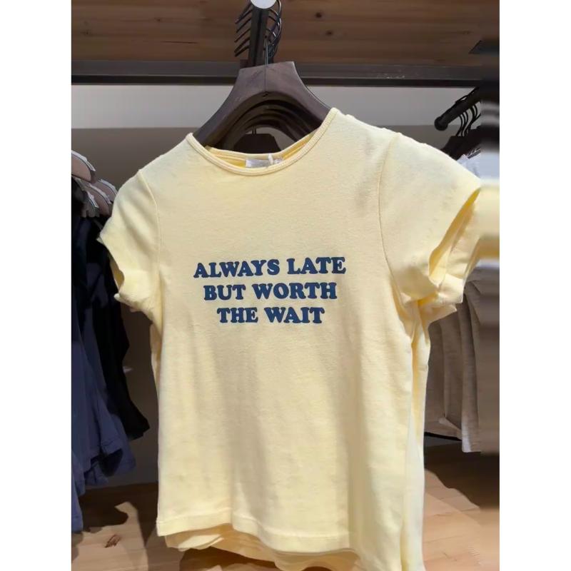 Tシャツ レディース 春夏 短袖 プリント 淡いイエロー 純綿 インナー ビンテージ スリムフィット ボディコンシャス アメリカンスタイル 正肩 修身 显瘦 ベースレイヤー トップス