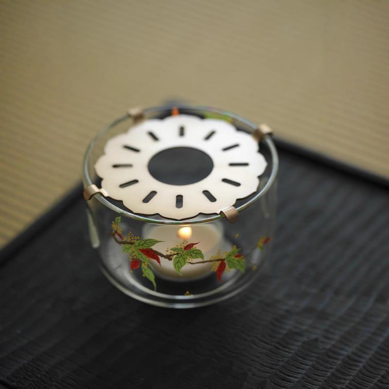 温茶炉 手作り キンモクセイ柄 貼花 デザイン 耐熱ガラス キャンドルベース 暖茶器 高硼硅素材 ティー..