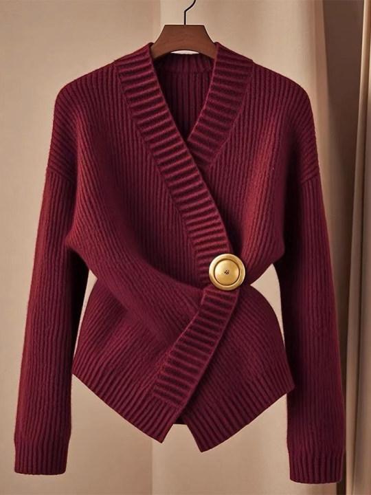 秋冬 レディース Vネック 長袖 高級感 ウエストシェイプ ニット カーディガン セーター トップス カジュアル アウター 針織 開衫 休閑 上衣