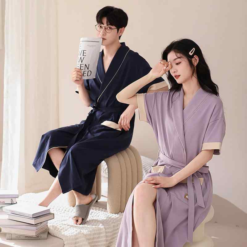 春夏 男女兼用 綿 中長丈 薄手 パジャマ 浴袍 ルームウェア 部屋着 軽量 吸湿速乾 カップル 青年向け ..