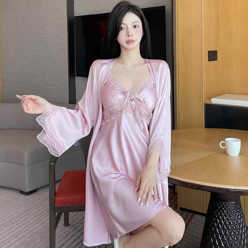 ルームウェア レディース 春夏 接触冷感 レース セクシー Vネック 吊り帯 スリープ 薄手 ローブ 2点セ..