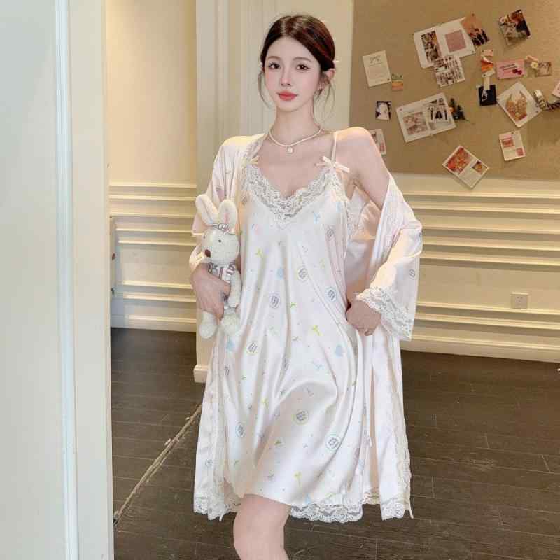 パジャマ レディース 春夏 接触冷感 吊り帯スリップ 寝巻きローブ 2点セット 部屋着 かわいい フェミニ..