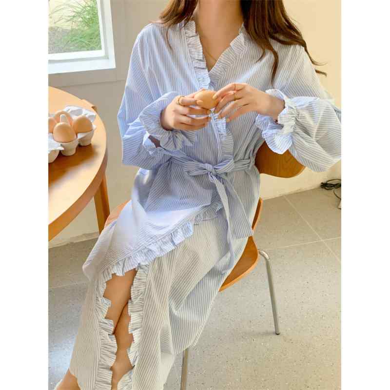 パジャマ レディース 韓国風 ストライプ柄 シンプル 快適 ゆったり ワイド ルームウェア 部屋着 寝間着..