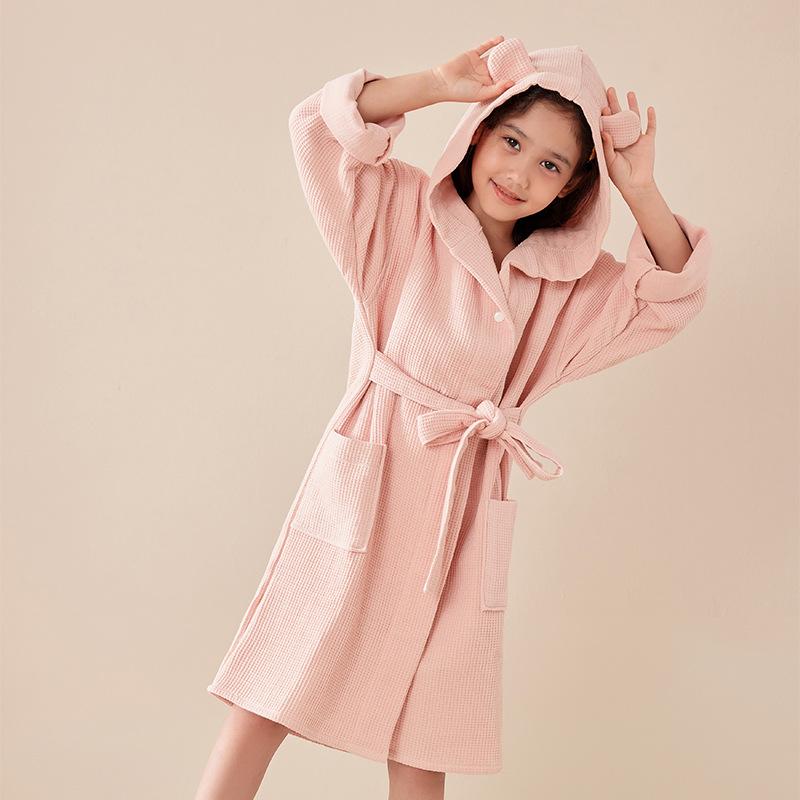 キッズ浴袍 純綿 長袖 フード付き ワッフル格子 二重構造 タオル素材 子供睡袍 パジャマ 浴衣 部屋着 ..