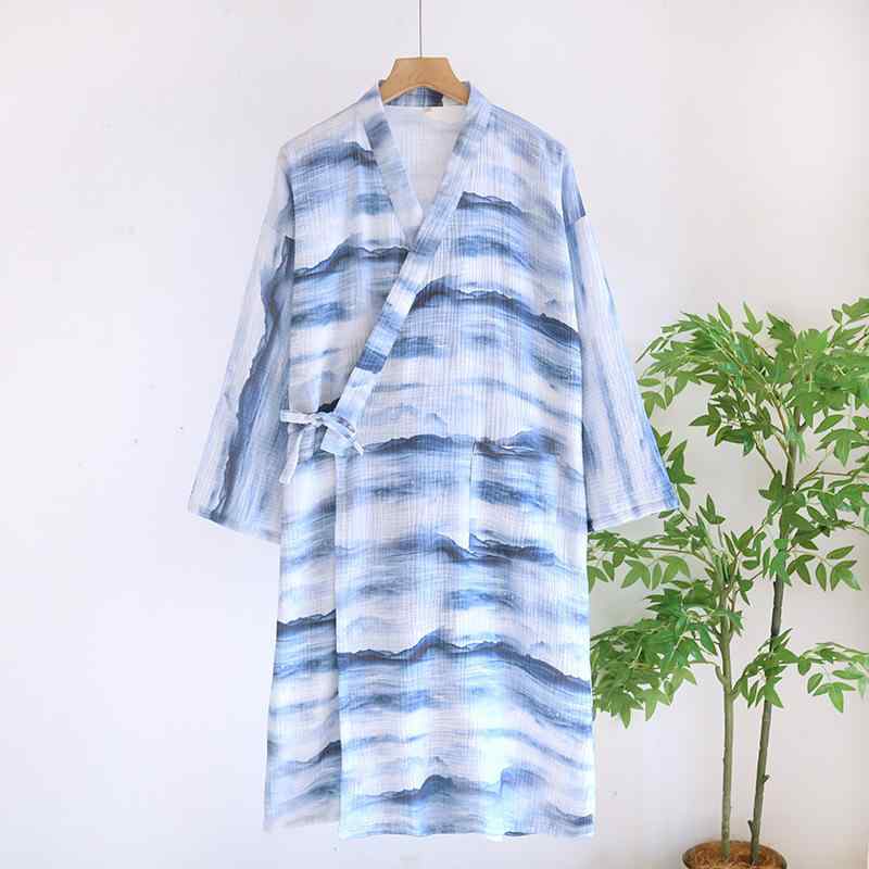 メンズ パジャマ 春夏 薄手 純綿 二層 ガーゼ ガウン 中長丈 開襟 紐付き 大きめ ゆったり 山水 国風 爽やか ルームウェア 寝巻き 吸湿 通気性 涼しい デザイン