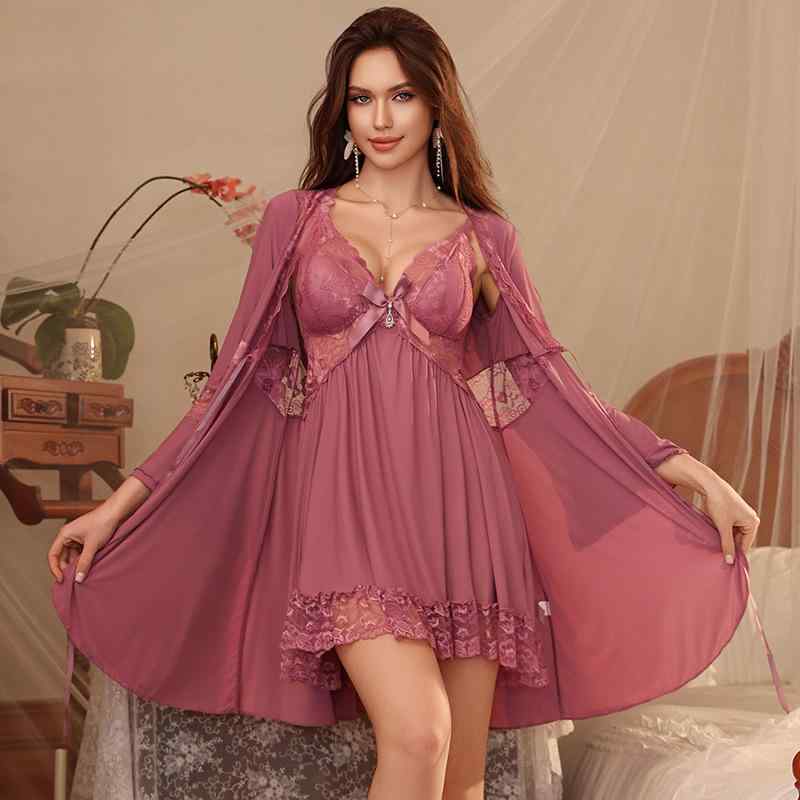 春夏 レディース パジャマ 胸パッド付き キャミソール スリップドレス 長袖 ローブ 3点セット ルームウェア かわいい フェミニン デザイン 接触冷感 軽量 吸湿速乾 再生繊維 部屋着 通勤後 リラックス