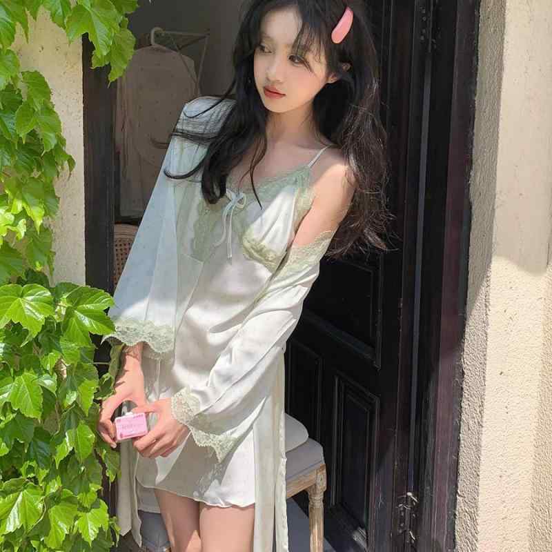 レディース 接触冷感 寝間着 2点セット 胸パッド付き 花柄プリント かわいい 吊り帯スリップ ローブ 部..