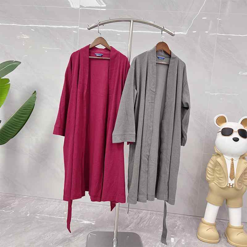 バスローブ 男女兼用 長袖 ワッフル格子柄 綿素材 ゆったり 大きめサイズ シンプルデザイン ホテルルー..