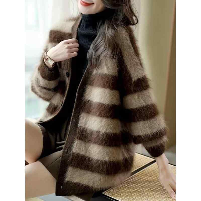 ニット カーディガン レディース 秋冬 ストライプ ソフト 水貂毛 フワフワ ゆったり オーバーサイズ 厚手 暖か 長袖 保温 リラックス カジュアル ファッション トップス