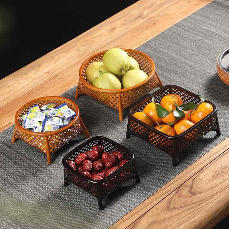 竹編み 収納かご 家庭用 中華風 レトロ 円形 果物入れ お菓子入れ 茶菓子入れ 漆塗り 手作り風 ナチュ..