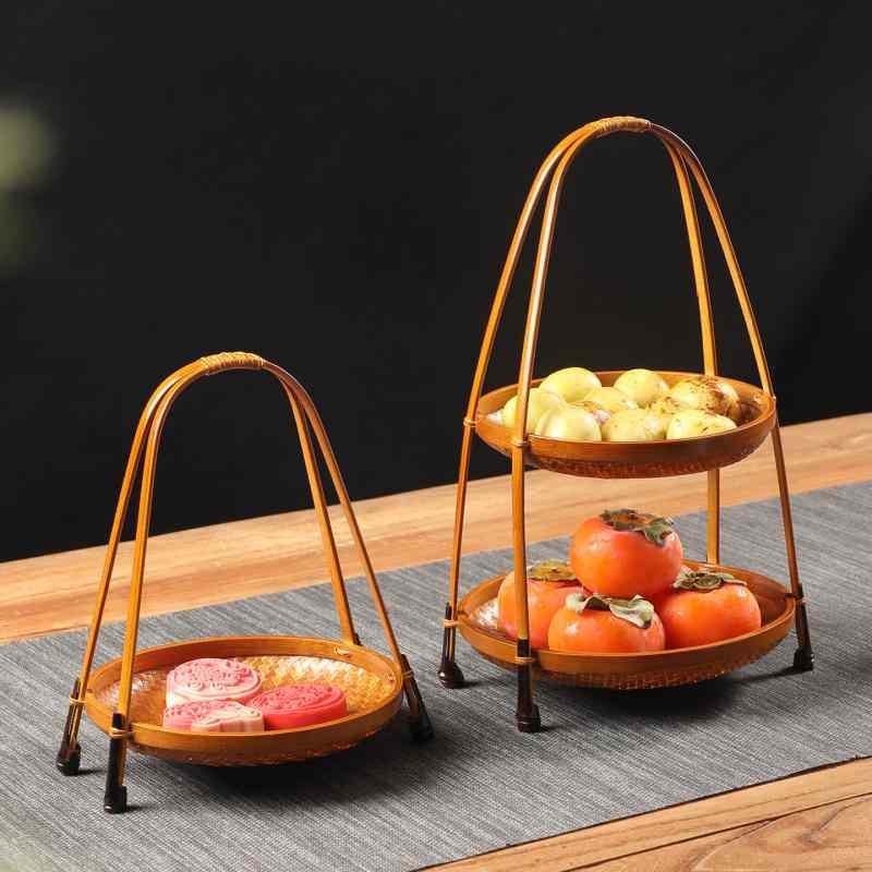 収納かご 竹編み 手作り 漆塗り レトロ 二重層 円形 小型 家庭用 デスク お菓子入れ 果物入れ 茶菓子入れ 天然竹 編み込み 伝統風 ナチュラルインテリア 風情ある