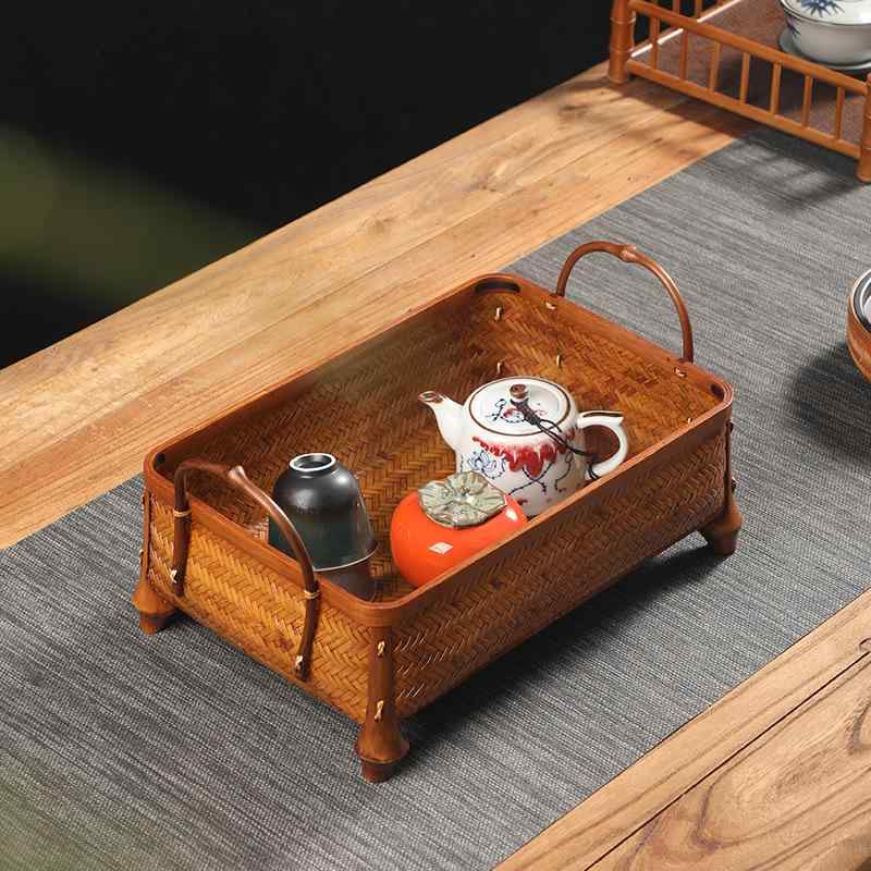 竹かご 家庭用収納 長方形 ハンドル付き 果物バスケット レトロ中式風 整理ボックス 竹編み 漆塗り イ..