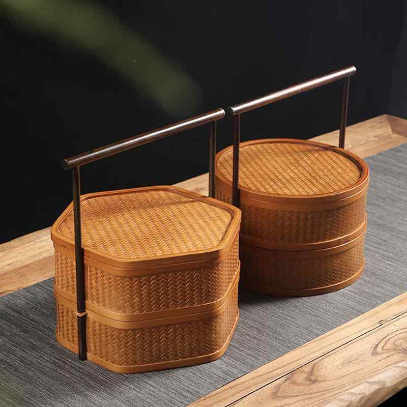竹編み 収納ボックス 家庭用 二層 蓋付き 中式 復古 茶具箱 円形 手作り 食器 ピクニック バスケット ..