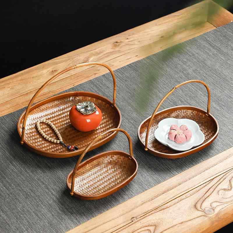 竹編みかご 家庭用 収納 点心籠 水果籠 糕点トレイ レトロ中華風 漆塗り 手作り 軽量 耐久性 自然素材 ..