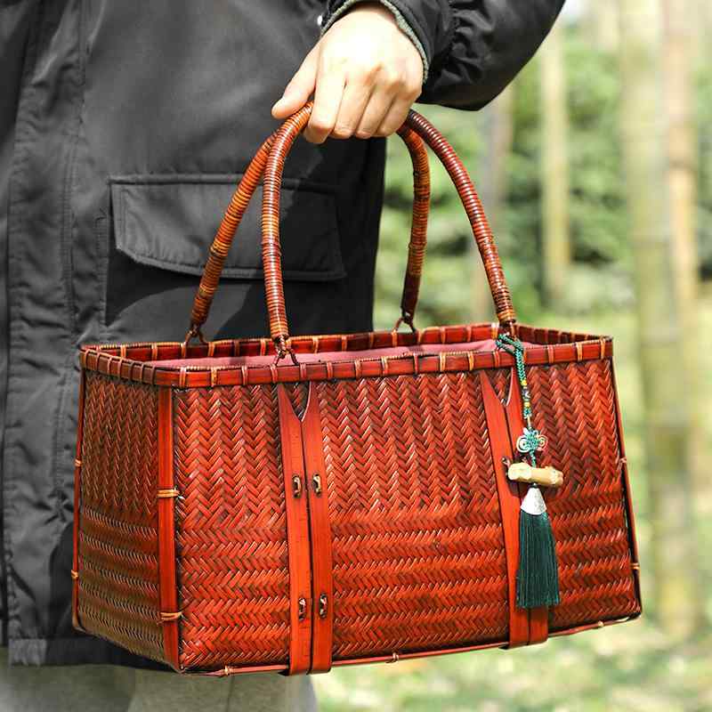 竹編みバッグ 男女兼用 レトロ手提げ鞄 茶具収納 手作りポーチ 文青スタイル 軽量 日常使い ナチュラル..