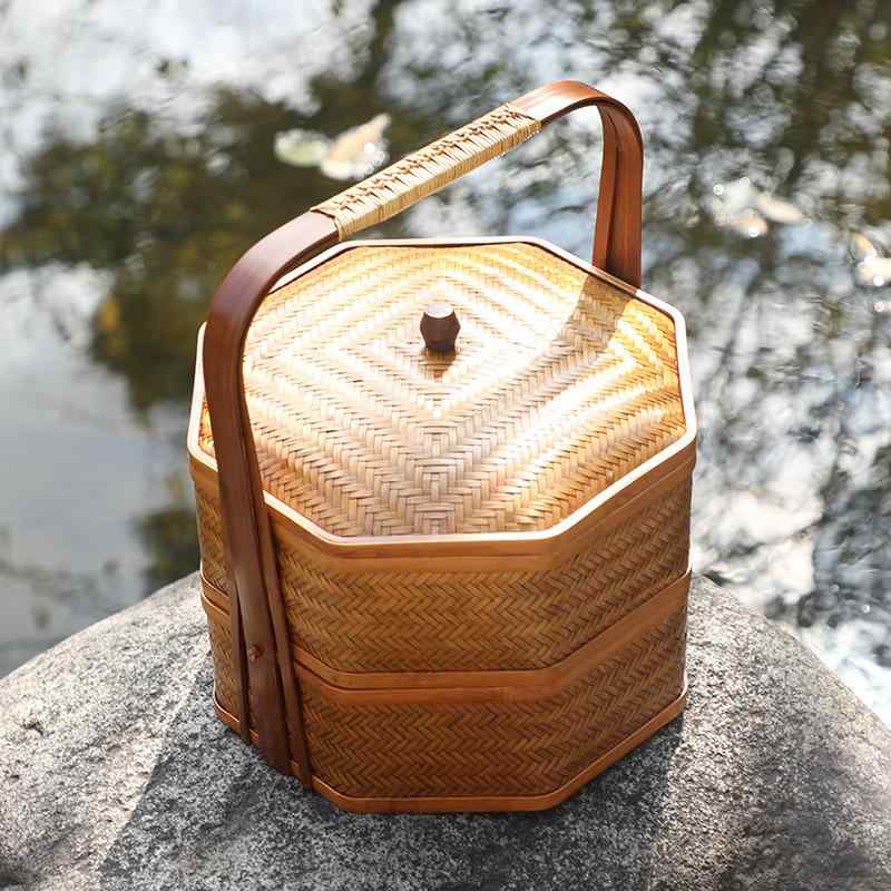 収納かご 家庭用 手編み 竹編み 漆塗り 八角形 蓋付き 卓上用 レトロ 中華風 果物 お菓子 点心 食器 バ..