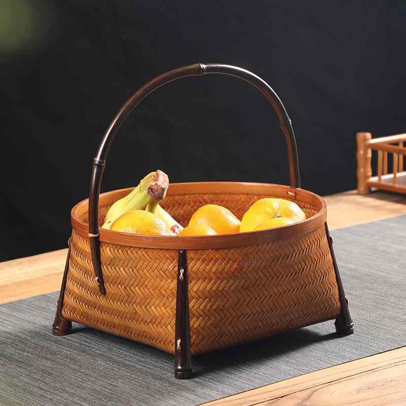 手作り竹編み漆塗り 家用丸型卓上収納かご 果物入れ 持ち運び外出用手提げ竹かご ナチュラル素材 日常..
