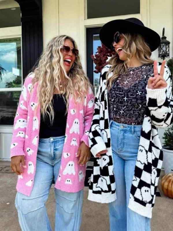 レディース ニットカーディガン 秋冬 中長丈 ゆったり ハロウィン 幽霊柄 開衫 毛衣 セーター アウター ニットトップス 暖か 防寒 コーディネート レイヤード