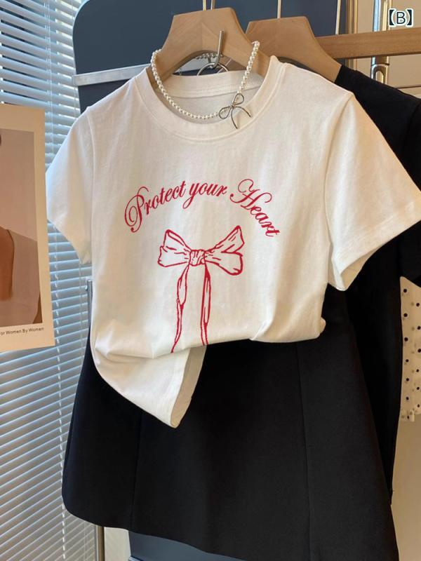 Tシャツ レディース 春夏 ガーリー リボン 花柄 プリント 純綿 軽量 吸湿速乾 ホワイト 半袖 正肩 カジュアル トップス かわいい ソフト素材 快適 日常着 通学 お出かけ スタイル
