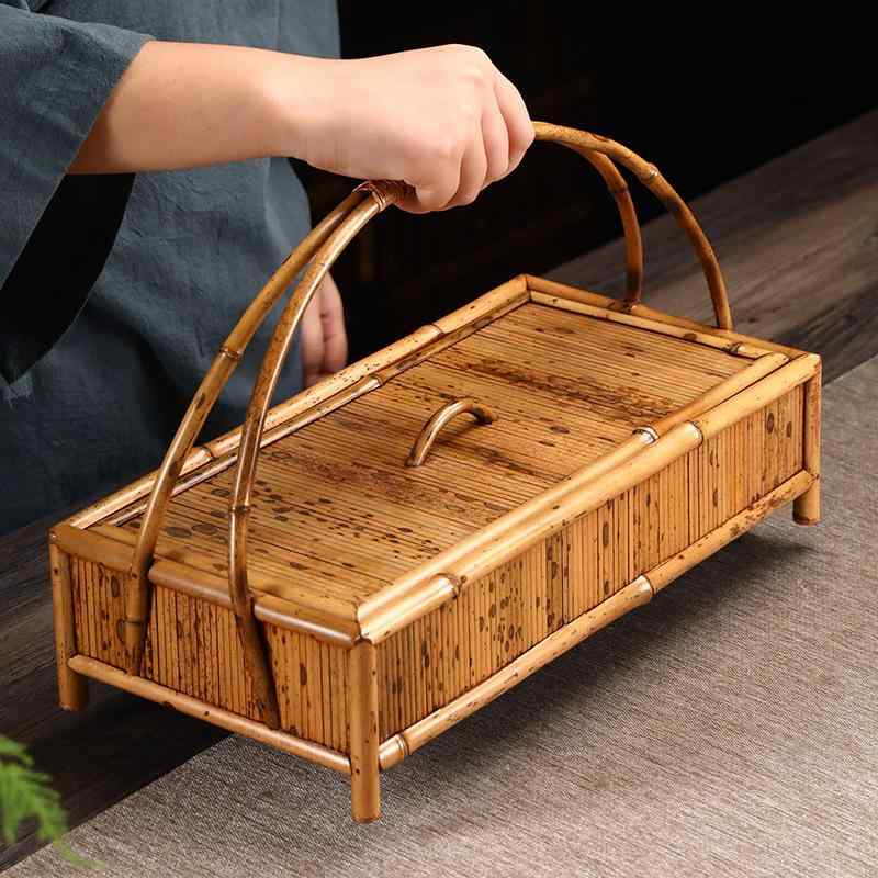 茶具収納箱 竹製 禅風 レトロ 中華風 漆塗り 提げ籠 梅鹿柄 取っ手付き 機能的 耐久性 伝統工芸 室内用..