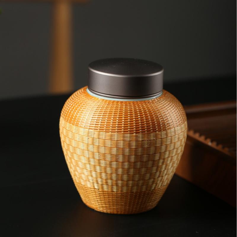 茶葉缶 茶筒 密封 保鮮 ミニ コンパクト 携帯 ポータブル 旅行用 アウトドア 中華風 竹編み 竹紐留め ..