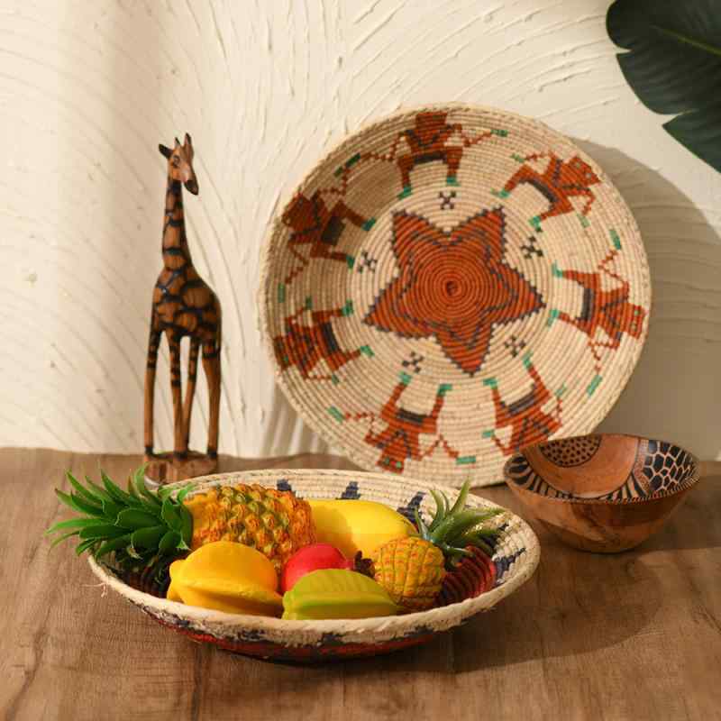 収納トレイ 手編み ラフィアグラス 植物染め 竹盤 玄関飾り 小銭 鍵置き 手工編み ナチュラルインテリ..