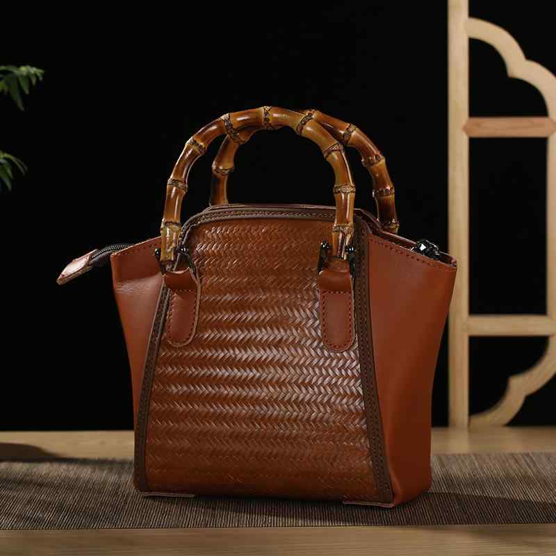 バッグ レディース ボヘミアン 手作り 竹編み 牛革 防水 ショルダーバッグ 斜めがけ ハンドバッグ トートバッグ 収納 編み込み レトロ アート 日常 おしゃれ