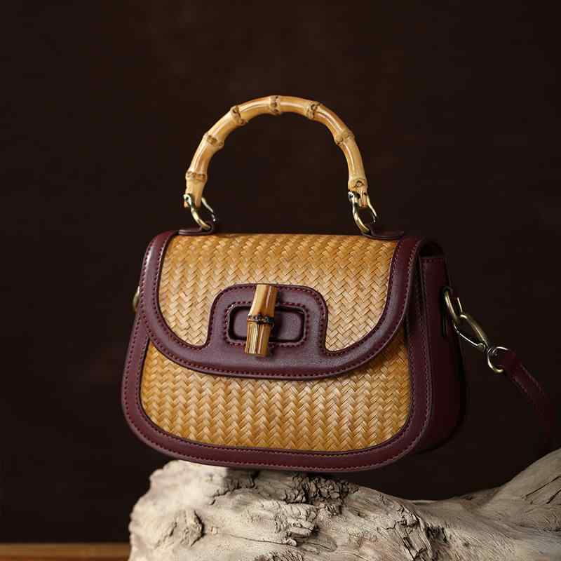 バッグ レディース 手作り竹編み 牛革 斜めがけ カジュアル ハンドバッグ トートバッグ 貝殻 編み込み..