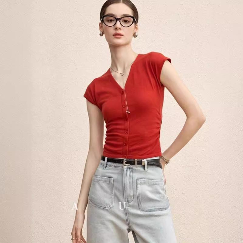 レディース ニット Tシャツ 春夏 Vネック プリーツ フレンチスタイル ウエストデザイン スリムフィット おしゃれインナー トップス ベ..