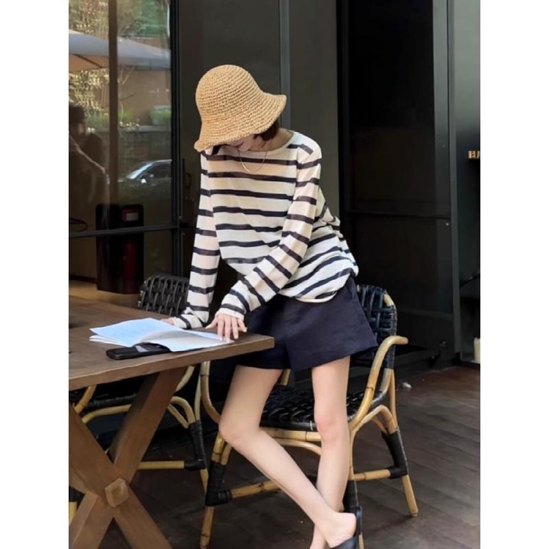 ・素材: ポリエステル・柄: 配色・袖丈: 長袖・加工: ノーアイロン・シルエット: ルーズ・着丈: 普通(50cm超65cm以内)・襟型: 丸襟・袖型: 普通袖・トレンド要素: コントラストカラー・色: ストライプ・サイズ: S,M,L・...