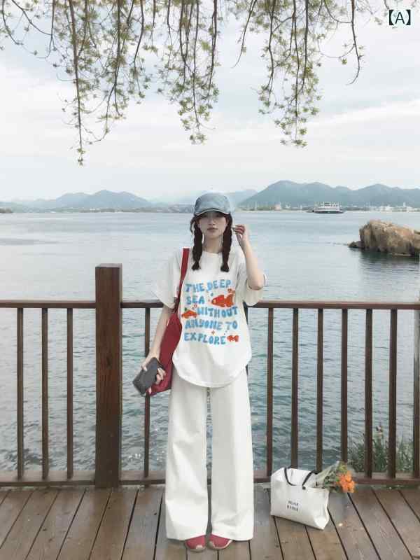 Tシャツ レディース 男女兼用 春夏 半袖 綿 クルーネック 大きめサイズ 金魚柄 アルファベットプリント カジュアル 日常使い 吸湿速乾 軽量 トップス