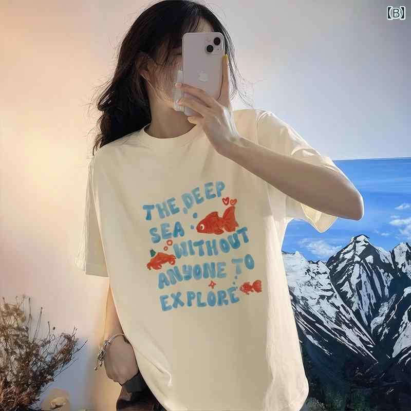 Tシャツ レディース 男女兼用 春夏 半袖 綿 クルーネック 大きめサイズ 金魚柄 アルファベットプリント カジュアル 日常使い 吸湿速乾 軽量 トップス
