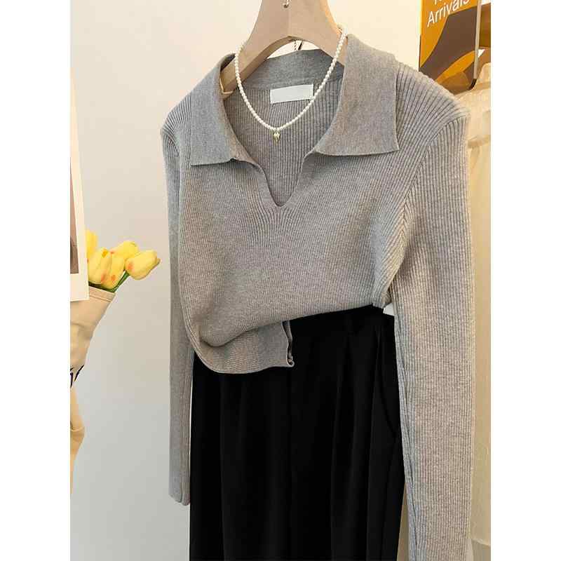 ニットセーター レディース 秋冬 ポロカラー ショート丈 ストレートショルダー スリムフィット 知的 上品 気質 インナー ベースレイヤー リブ付き 修身 針織 トップス レイヤード