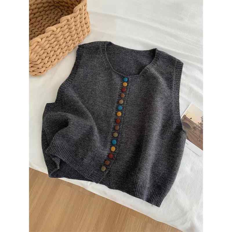 レディース ニット 開衫 ベスト 無袖 上衣 虹色 ボタン デザイン 秋冬 百搭 コーデ 軽量 吸湿速乾 再生繊維 トップス インナー 通勤 通..