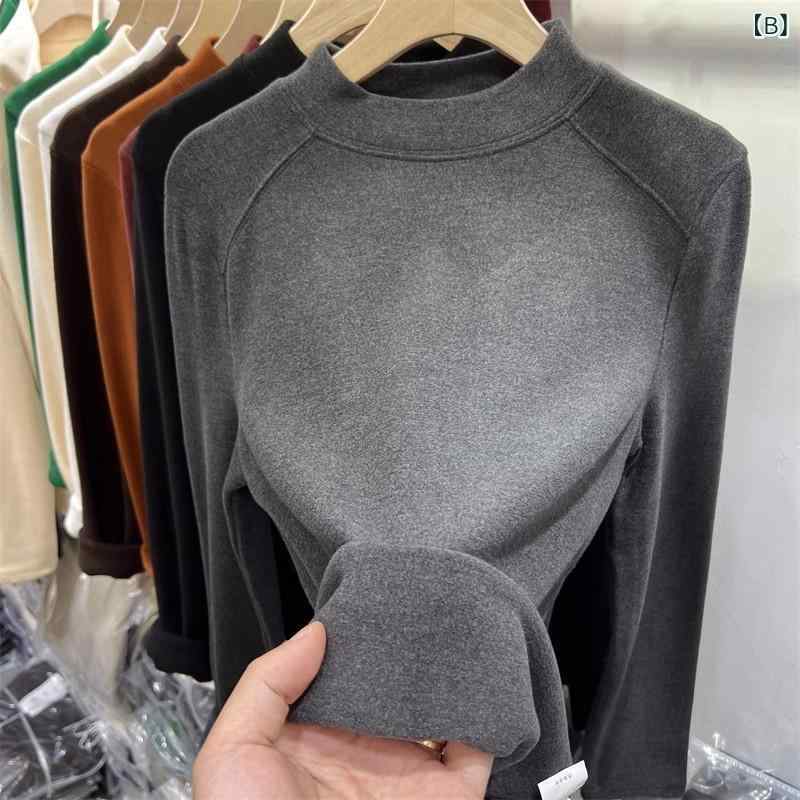 春夏 レディース 長袖Tシャツ 保暖 裏起毛 ハーフハイネック 切り替え インナー トップス 基礎款 吸湿速乾 軽量 綿素材