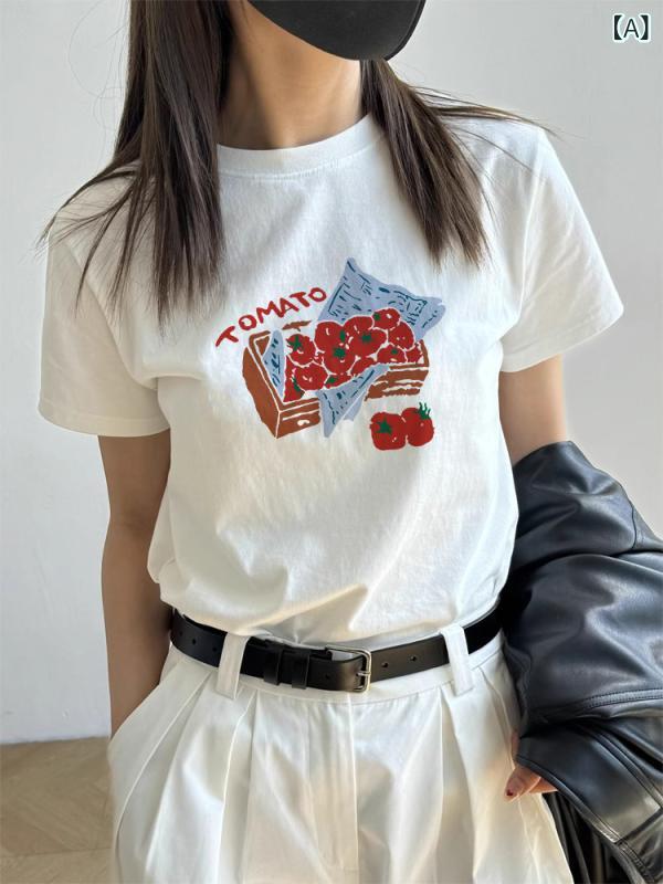 Tシャツ レディース 春夏 短袖 プリント柄 純綿 快適 正肩 ベーシック インナー 基礎款 上衣 基礎款 打底