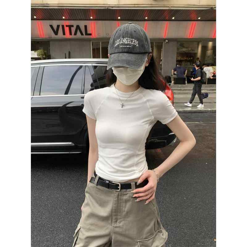 レディース 春夏 インナートップス 短袖Tシャツ ラグランスリーブ 丸首 魚骨ボーン スリム ウエストシェイプ アメリカンスタイル レイ..