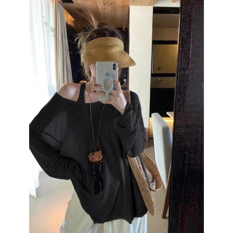 春夏 レディース トップスセット 防晒 長袖 Uネック キャミソール 微透け リラックススタイル ゆったりシルエット 吸湿速乾 軽量 接触..