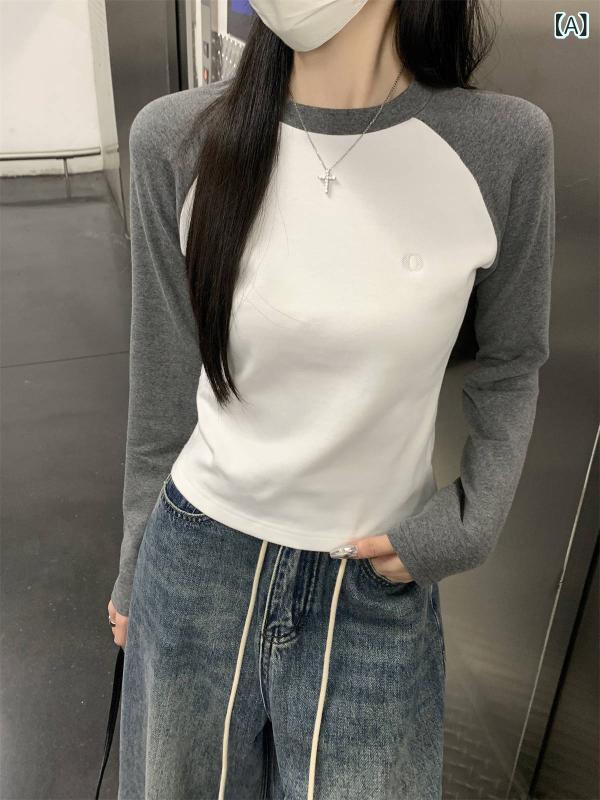 長袖Tシャツ レディース 春夏 切り替え コントラストカラー ラグランスリーブ 復古 デザイン 修身 スリム 減齢 スタイリッシュ トップス 吸湿速乾 軽量