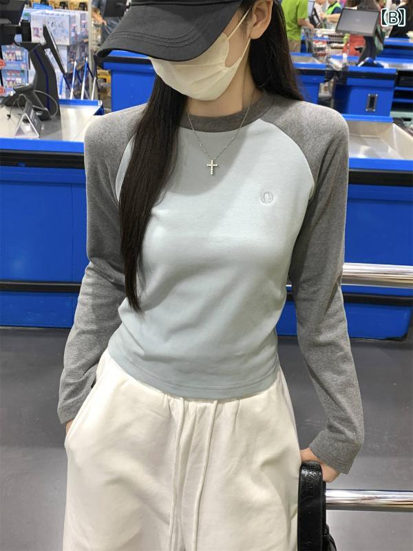 長袖Tシャツ レディース 春夏 切り替え コントラストカラー ラグランスリーブ 復古 デザイン 修身 スリム 減齢 スタイリッシュ トップス 吸湿速乾 軽量