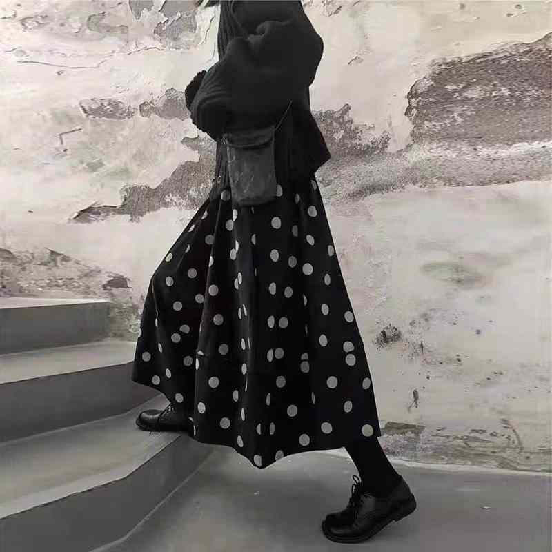 秋冬 レディース スカート コーデュロイ ポルカドット ハイウエスト ミディ丈 フレア ユニークプリント..