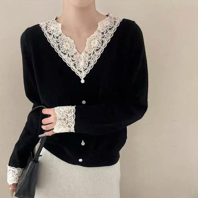 ・素材: ポリエステル・単品: 単品・フィット: スリム・袖: 通常袖・首元: Vネック・袖丈: 長袖・装飾: レース・着丈: ミドル(50cm<着丈≤65cm)・色: ブラック,ベージュ,ピンク,ブルー,イエロー,オートミール・サイ...