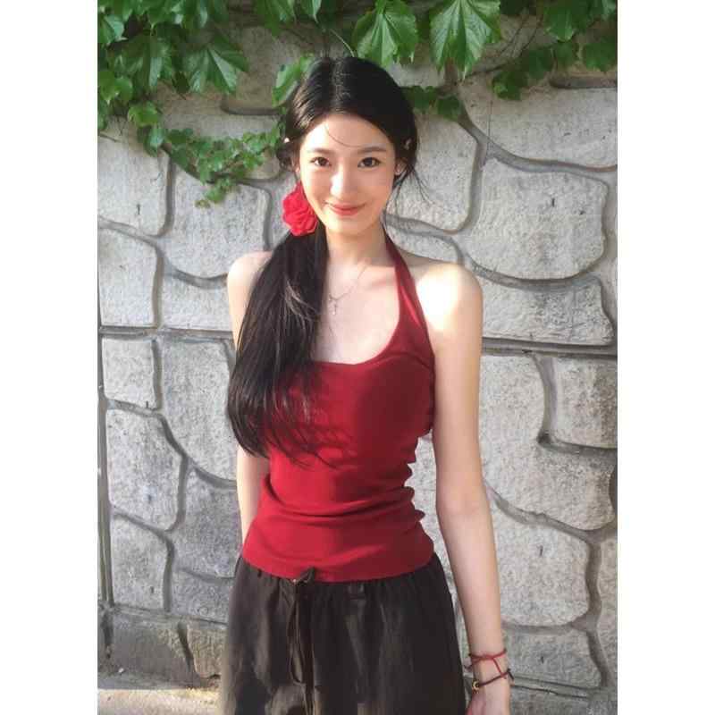 レディース キャミソール 春夏 ワインレッド ハルターネック タイトフィット スリム効果 肌白く見せる アメリカンスタイル セクシー ニ..