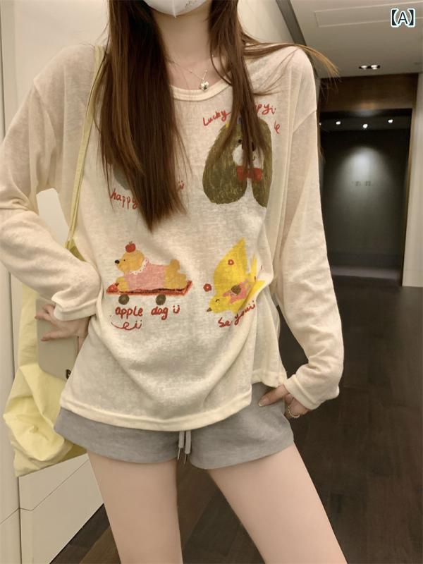 Tシャツ レディース 長袖 春夏 韓国風 ラフスタイル 卡通プリント UVカット インナー 汎用 ベースレイヤー