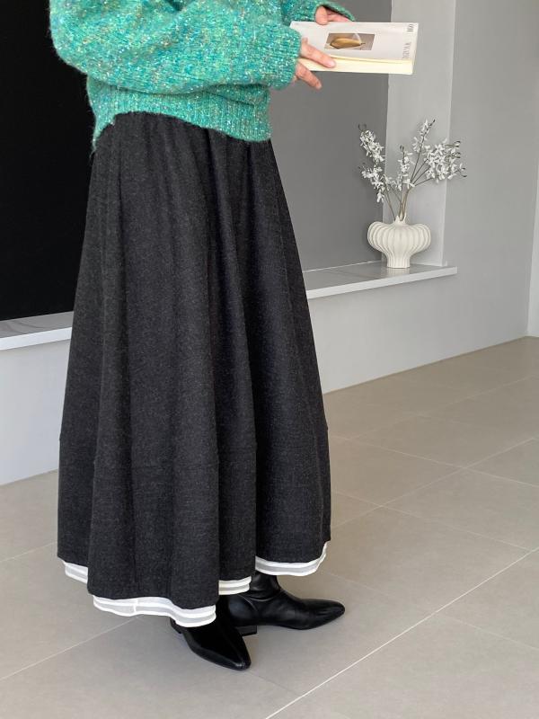 スカート レディース 秋冬 ウール ハイウエスト Aライン ゆったり 切り替え フリル 伸縮腰 韓国風 ミドル丈 膝下 暖か コーデ 日常使い..