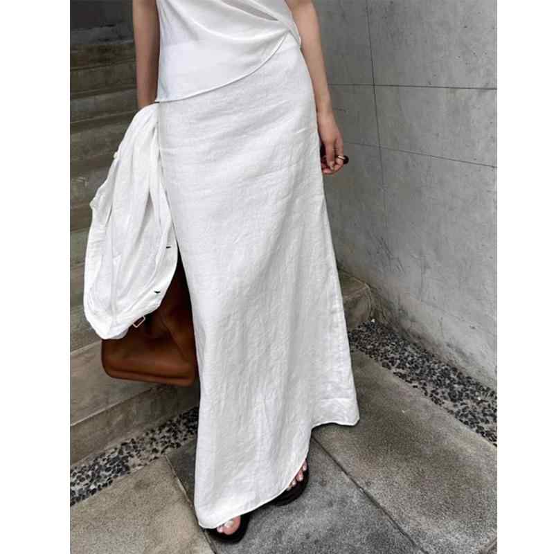 スカート レディース 春夏 白 Aライン ドレープ コットンリネン 中長丈 カジュアル リラックス 慵懒風 休闲 半身 白色 麻 棉麻 夏季 垂感(4.0)