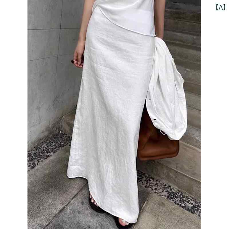 スカート レディース 春夏 白 Aライン ドレープ コットンリネン 中長丈 カジュアル リラックス 慵懒風 休闲 半身 白色 麻 棉麻 夏季 垂感