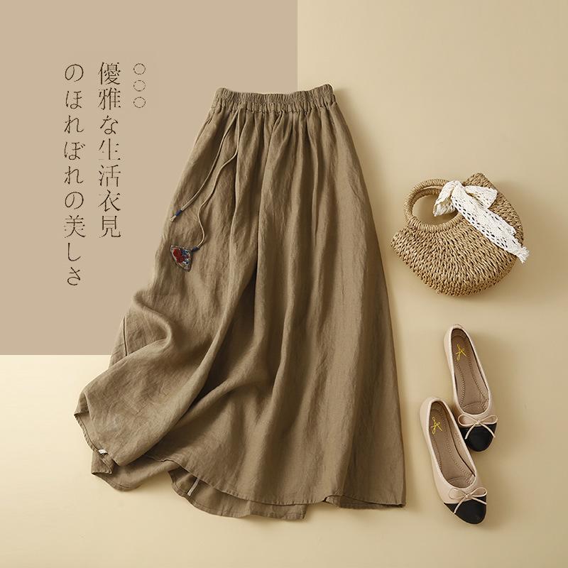 スカート レディース 春夏 Aライン 中長丈 コットンリネン ハーフスカート デザイン ゆったり風 文芸スタイル 軽やか ナチュラル