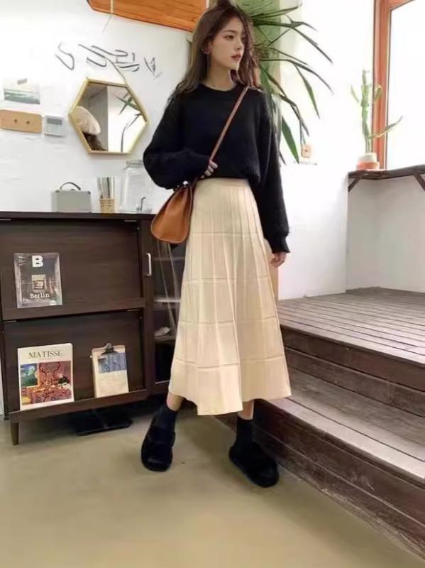 ニットスカート レディース 秋冬 小柄向け 厚手 ハイウエスト Aライン ミドル丈 ベージュ 暖か ニット素材 切り替えデザイン(4.0)